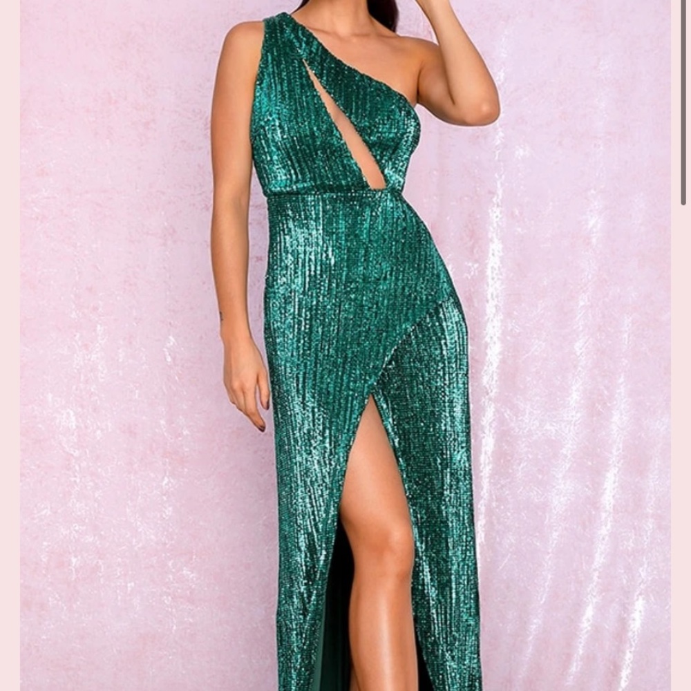 TREASURE SEEKER GREEN SEQUIN SLEEVELESS ONE SHOULDER CUT OUT SPLIT FRONT MAXI